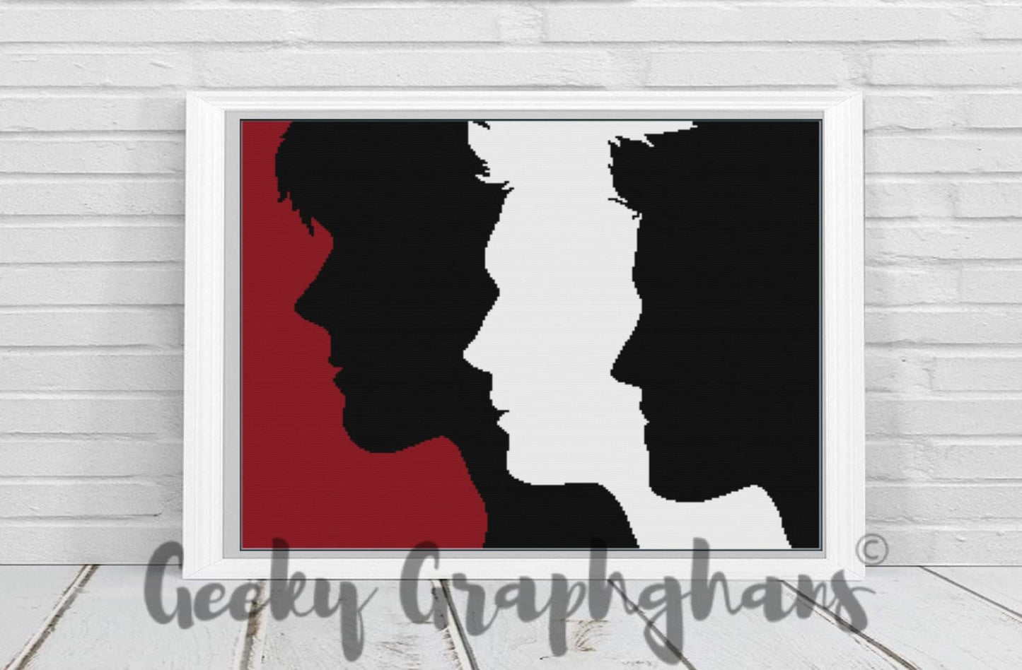 A graphic image of the Supernatural Trio Silhouettes Crochet Graphghan Pattern, featuring silhouettes of three characters from the Supernatural TV series in red, white, and black colors.