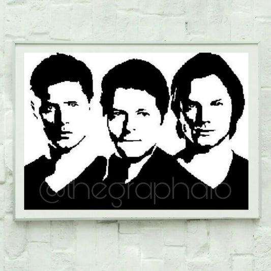 A black and white crochet pattern graphghan depicting the characters from the TV series Supernatural displayed on a digital screen. Supernatural Graphghan Pattern by Geeky Graphghans